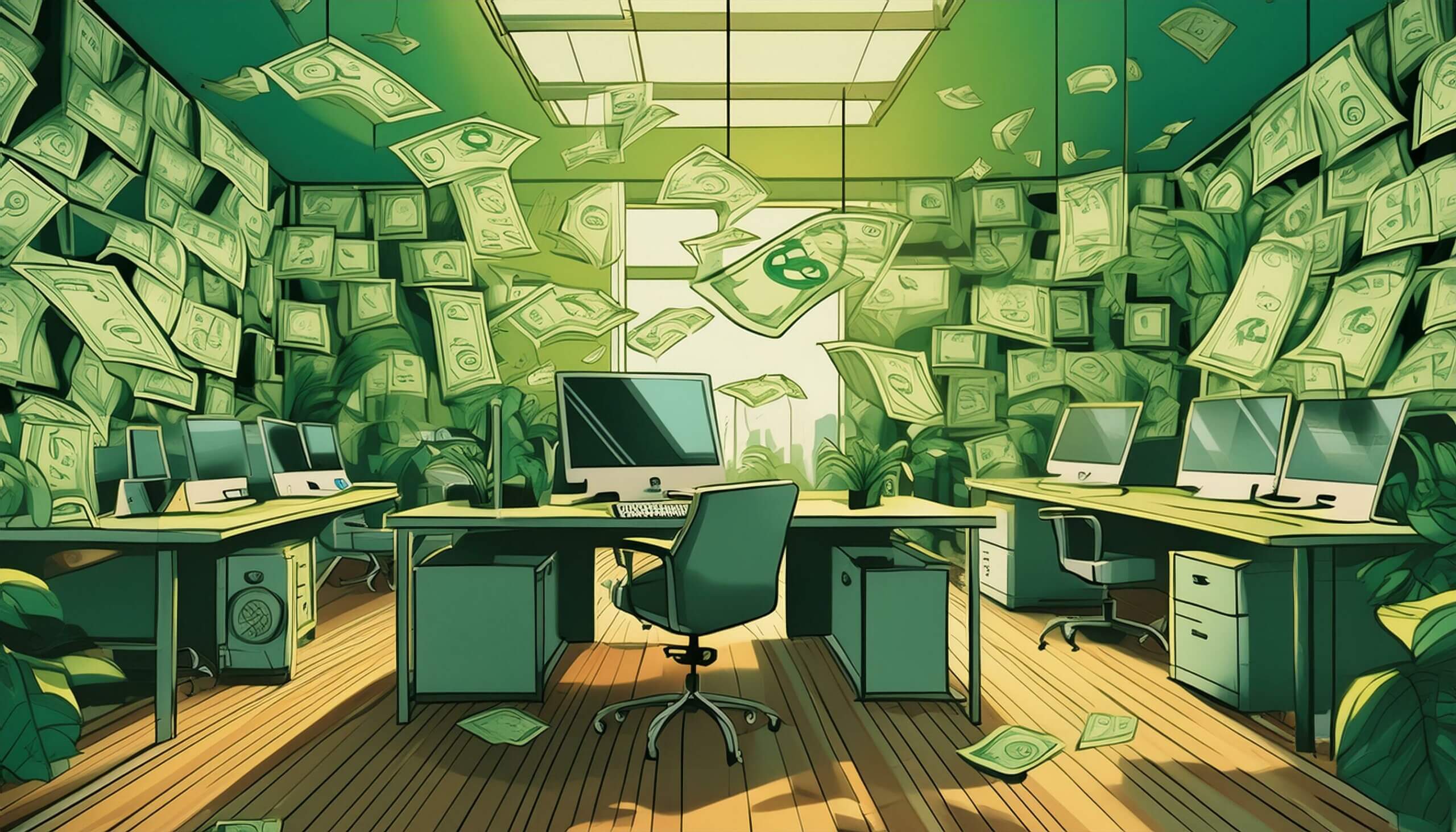 Abstract image of User Experience Designer's office space flooded with money